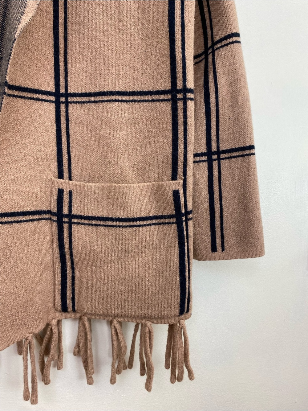 Adrienne Vittadini Tan Plaid Fringe Open Front Cardigan Sweater Blazer M - Picture 4 of 6